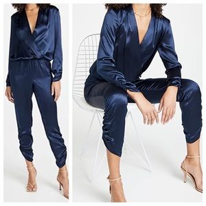 Amanda Uprichard Jadyn Navy Blue Silk Ruched Jumpsuit Size Large